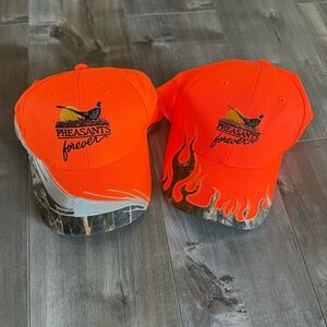 2 Pheasants Forever Hunting Hats Neon Orange Camo Flames Adjustable Baseball Cap